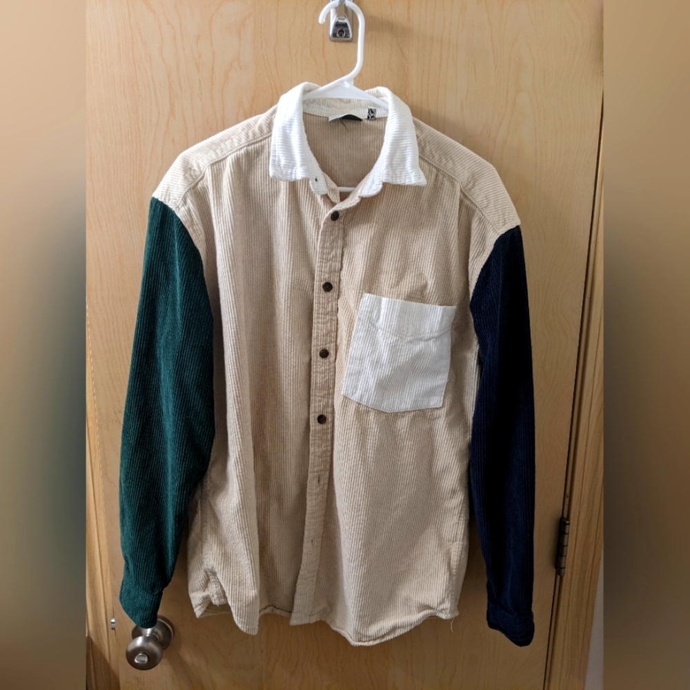 Asymmetric colorblock cotton corduroy shirt, beige/white/green/navy small